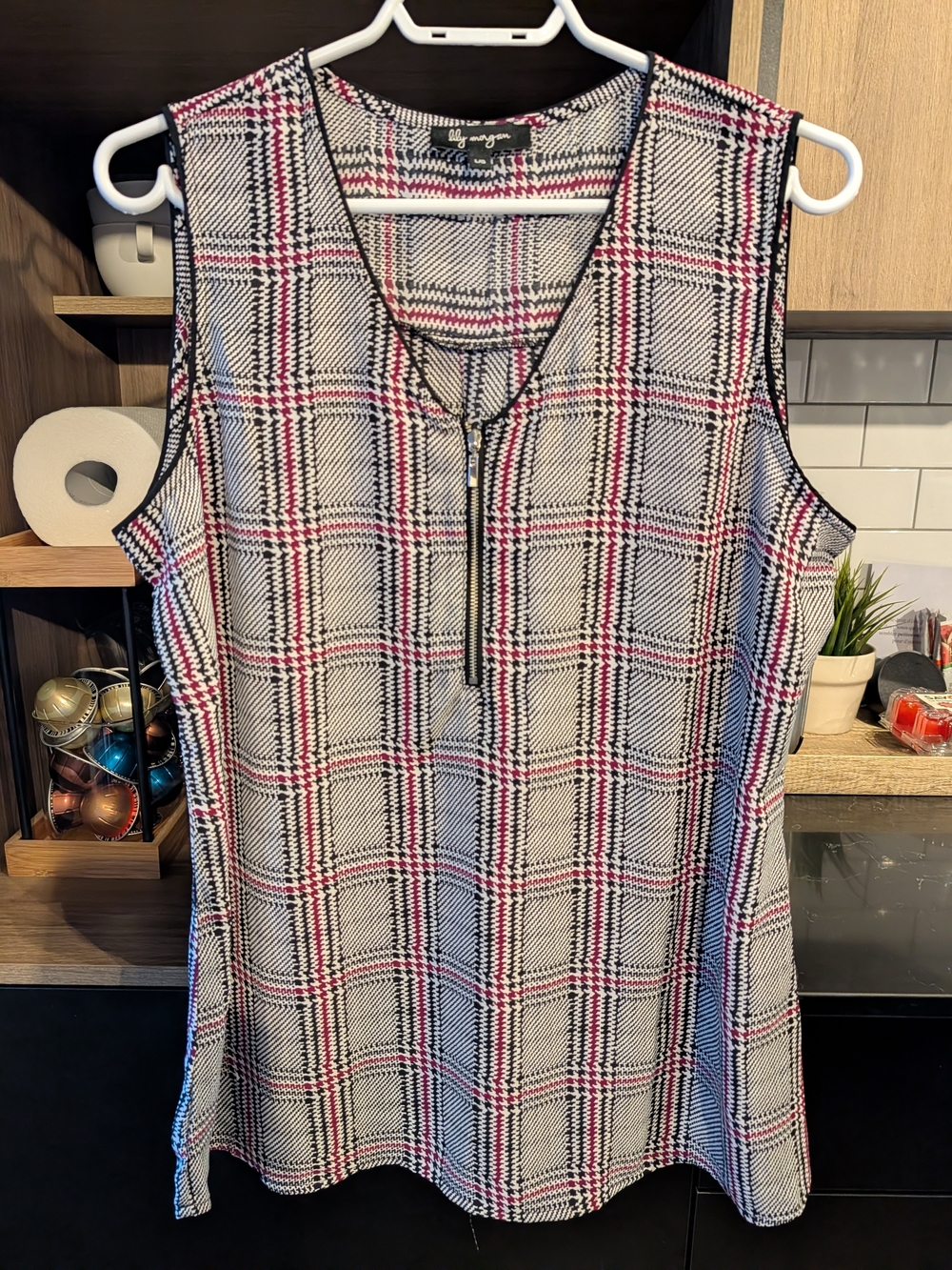 a new day Plaid Sleeveless Zip-Front Camisole in Black, White & Pink